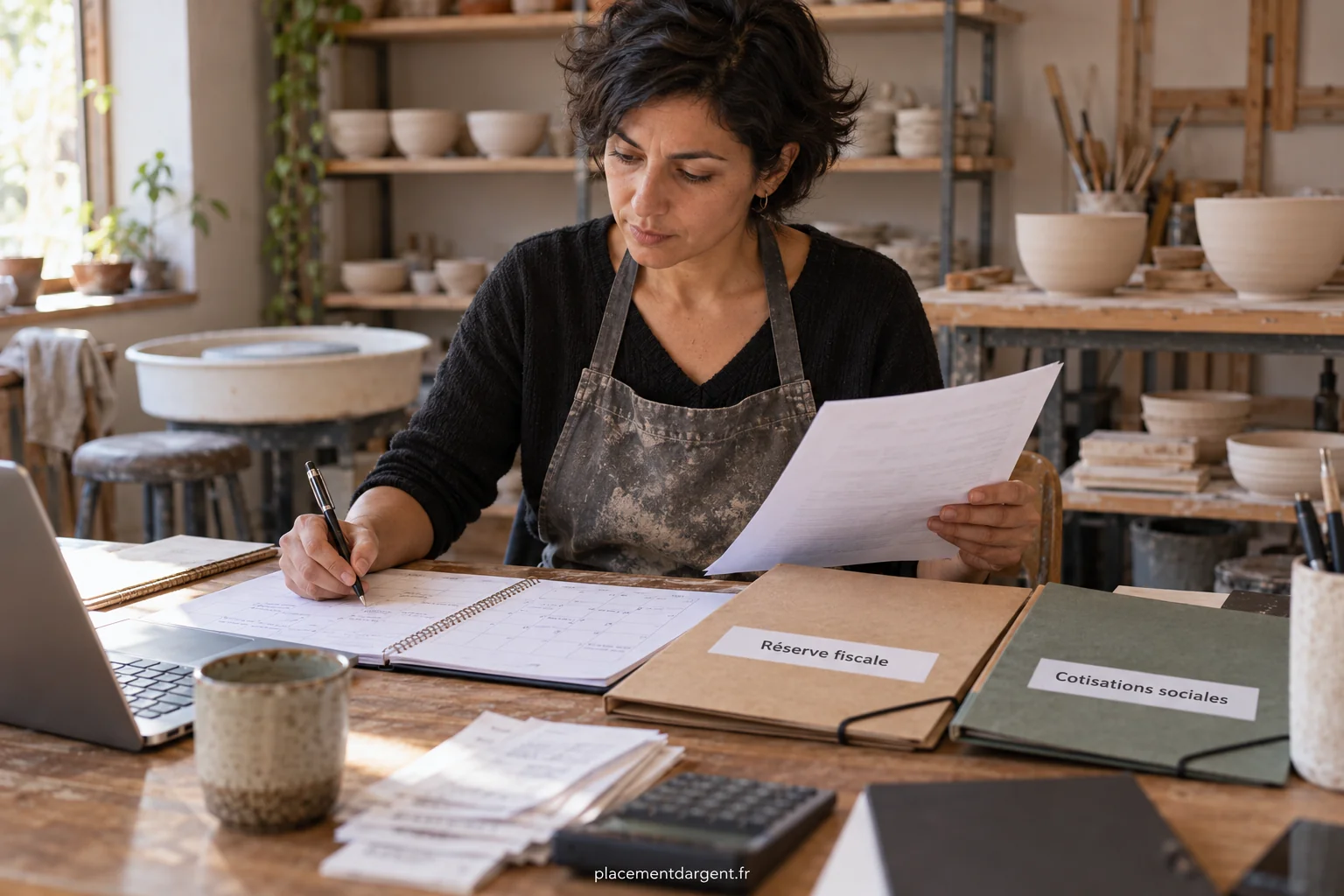 Indépendant à son bureau consultant un calendrier d’échéances et un relevé de compte professionnel
