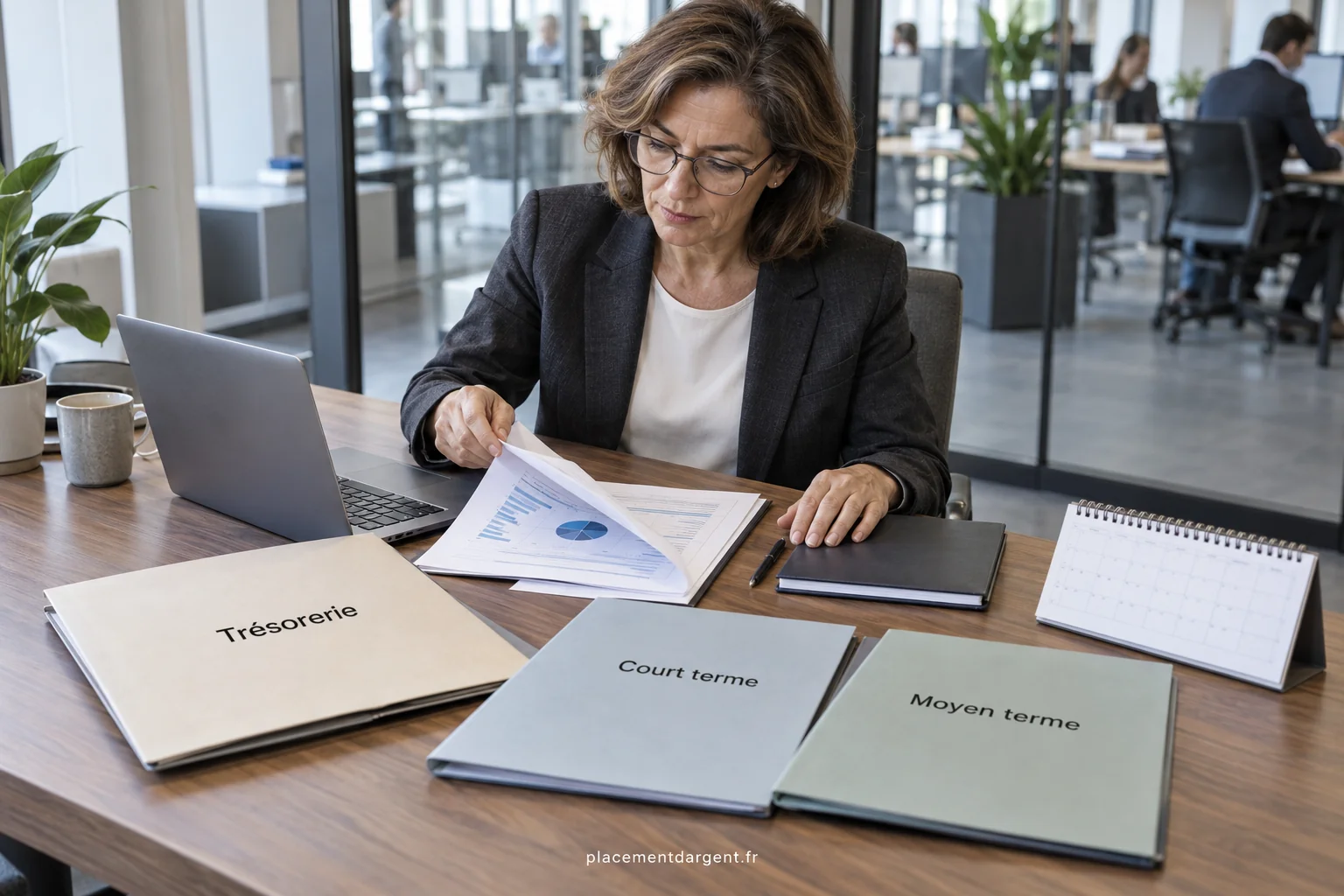 Dirigeant et directrice financière analysant un tableau de trésorerie prévisionnel dans une salle de réunion