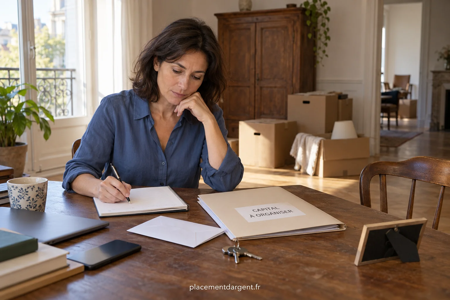 Documents notariés et stylo posés sur un bureau devant une maquette de maison