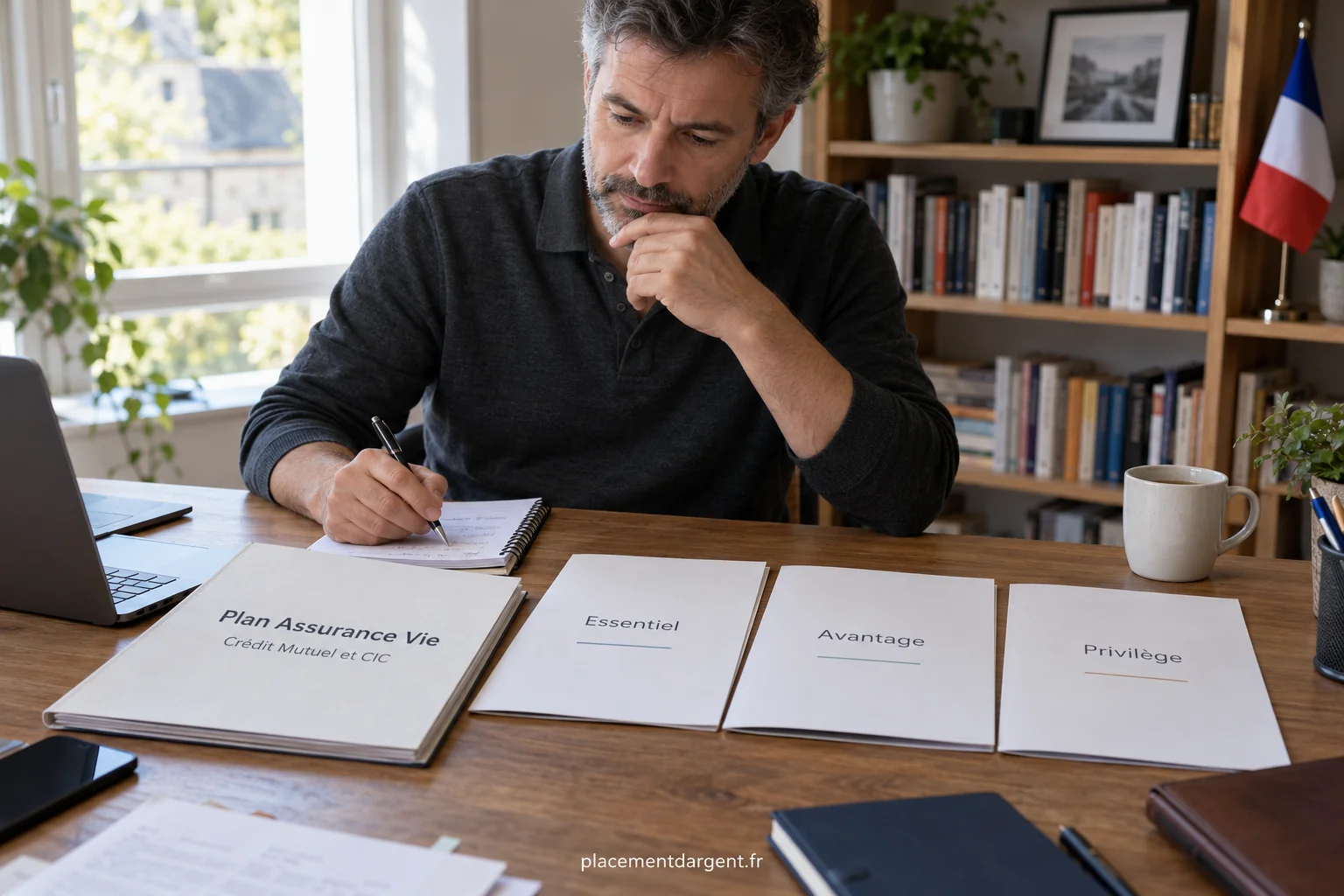 Deux personnes comparant des brochures de contrats d’épargne avec un conseiller bancaire dans une agence lumineuse