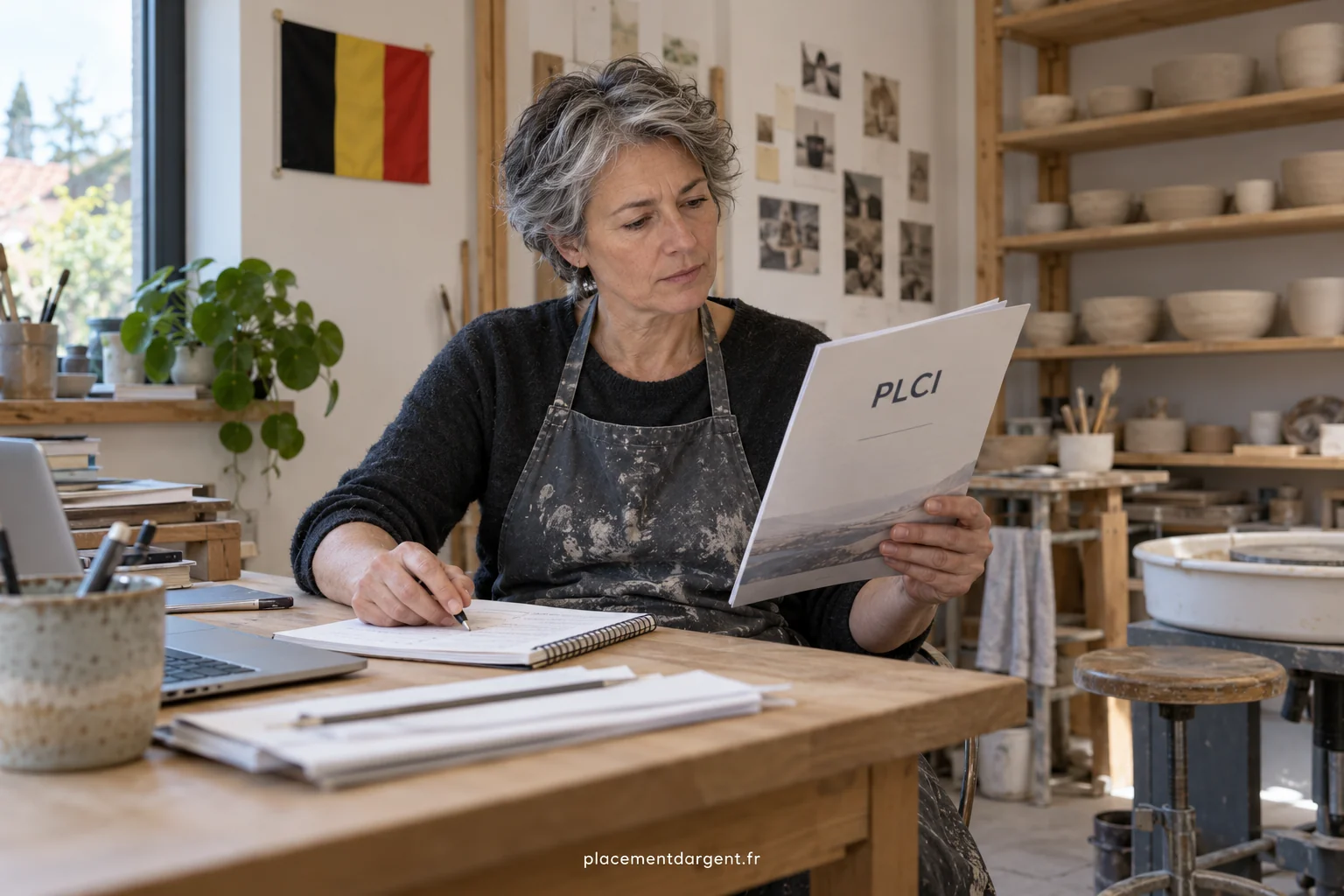 Indépendant belge calculant ses cotisations annuelles de pension complémentaire avec un ordinateur portable et des factures