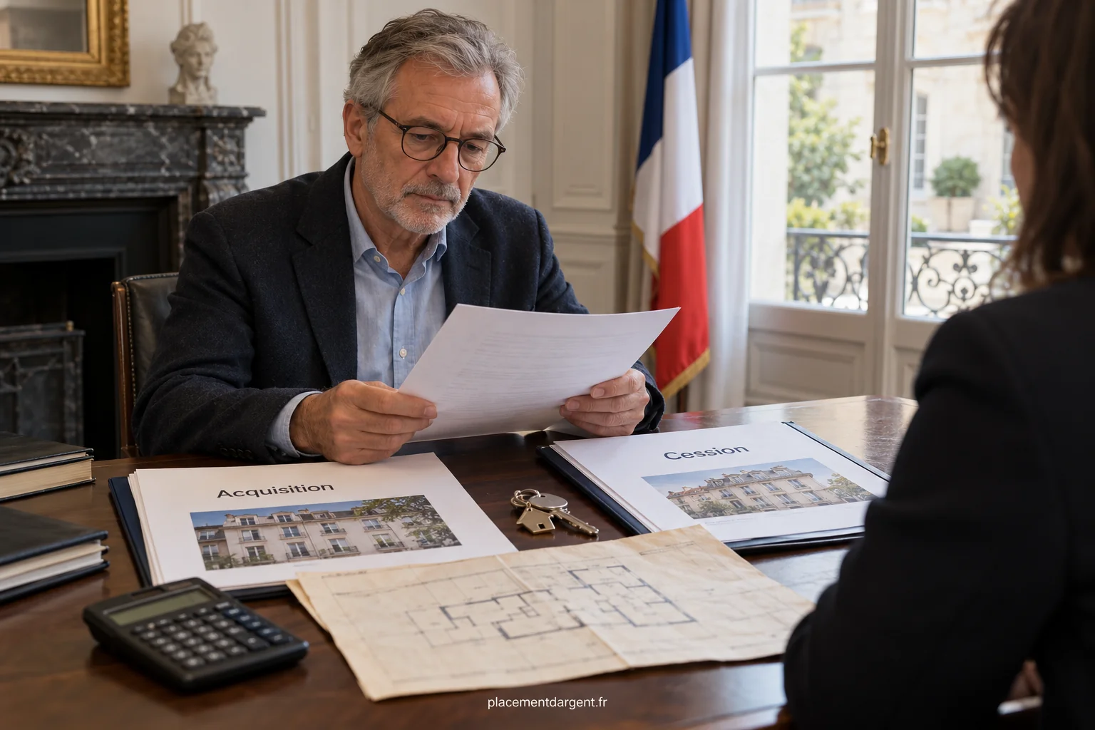 Notaire et vendeur examinant un acte de vente et des documents chiffrés autour d’un bureau de signature