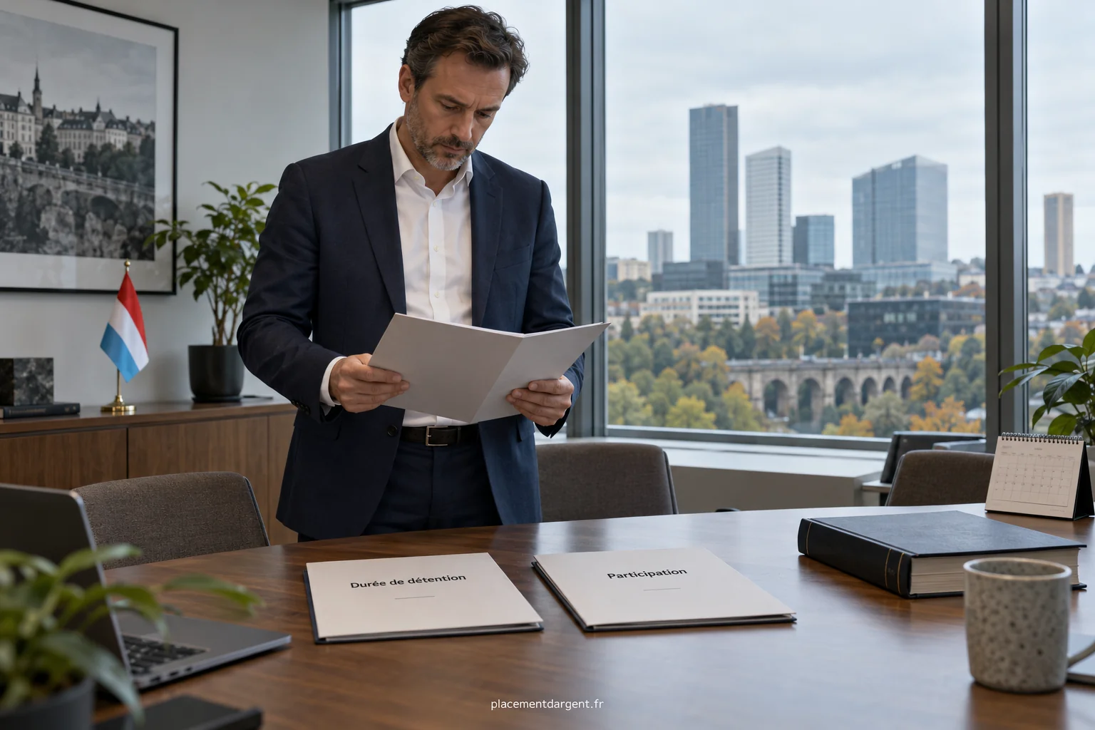 Investisseur examinant des relevés de titres et un graphique boursier près d'un ordinateur portable