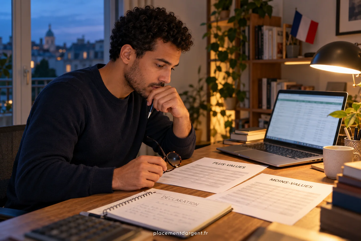 Écran de suivi de portefeuille boursier avec courbes de cours, relevé de cessions et carnet de notes ouvert