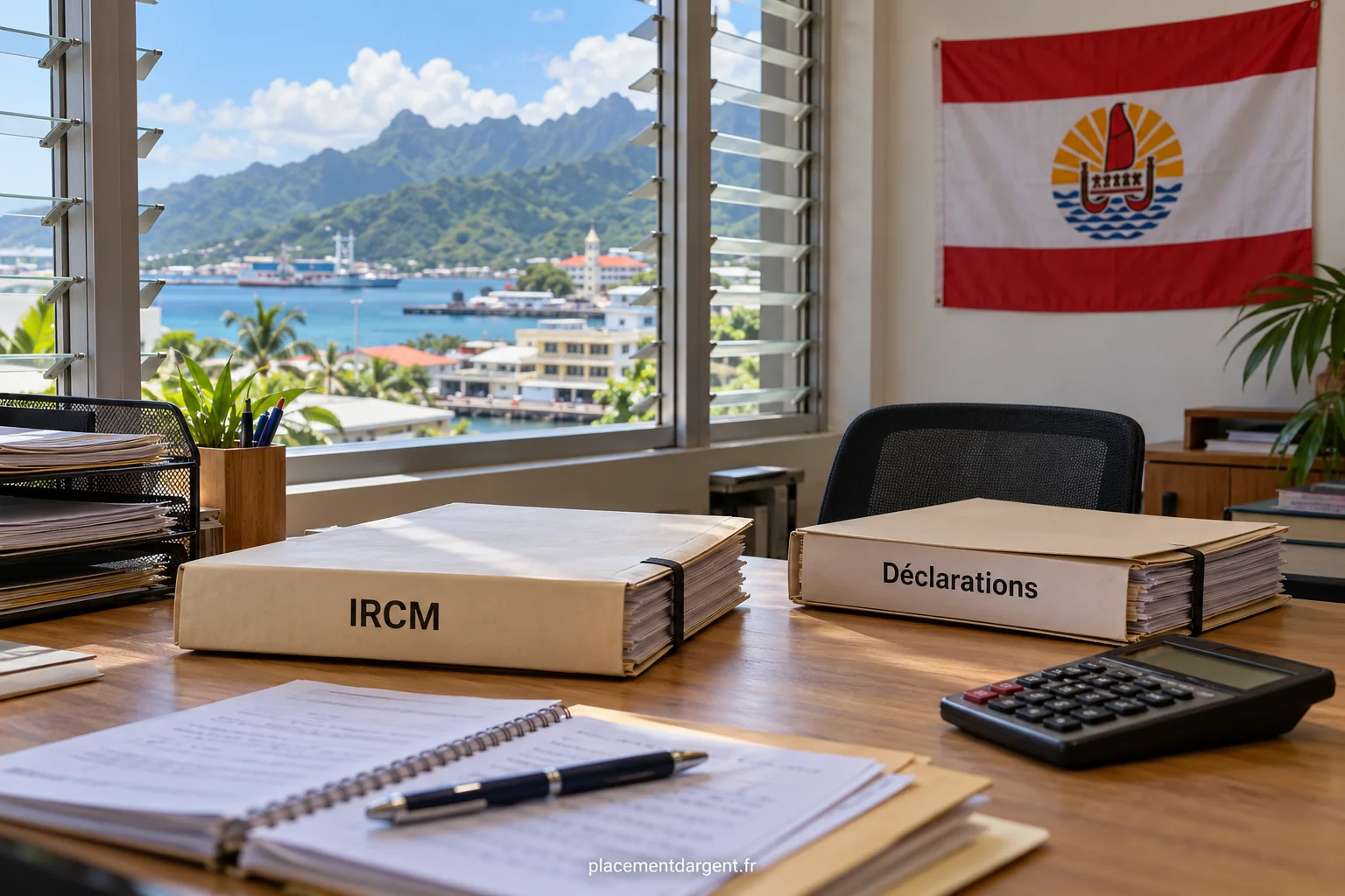 Rivage polynésien et dossier de déclaration fiscale posé près d’un ordinateur portable et d’un carnet