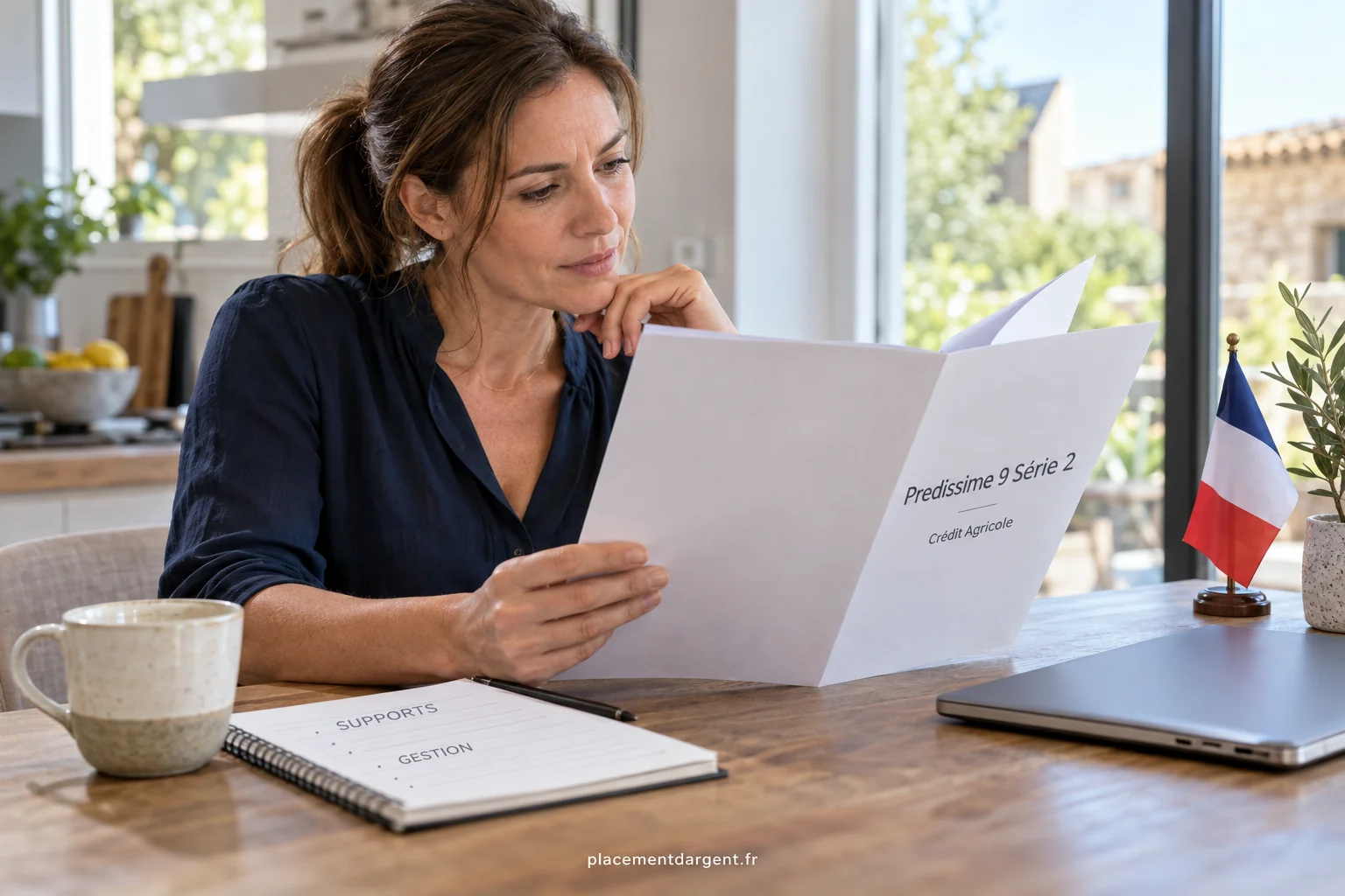 Épargnant consultant les documents de son contrat d’assurance-vie multisupport à son bureau, avec un ordinateur portable ouvert