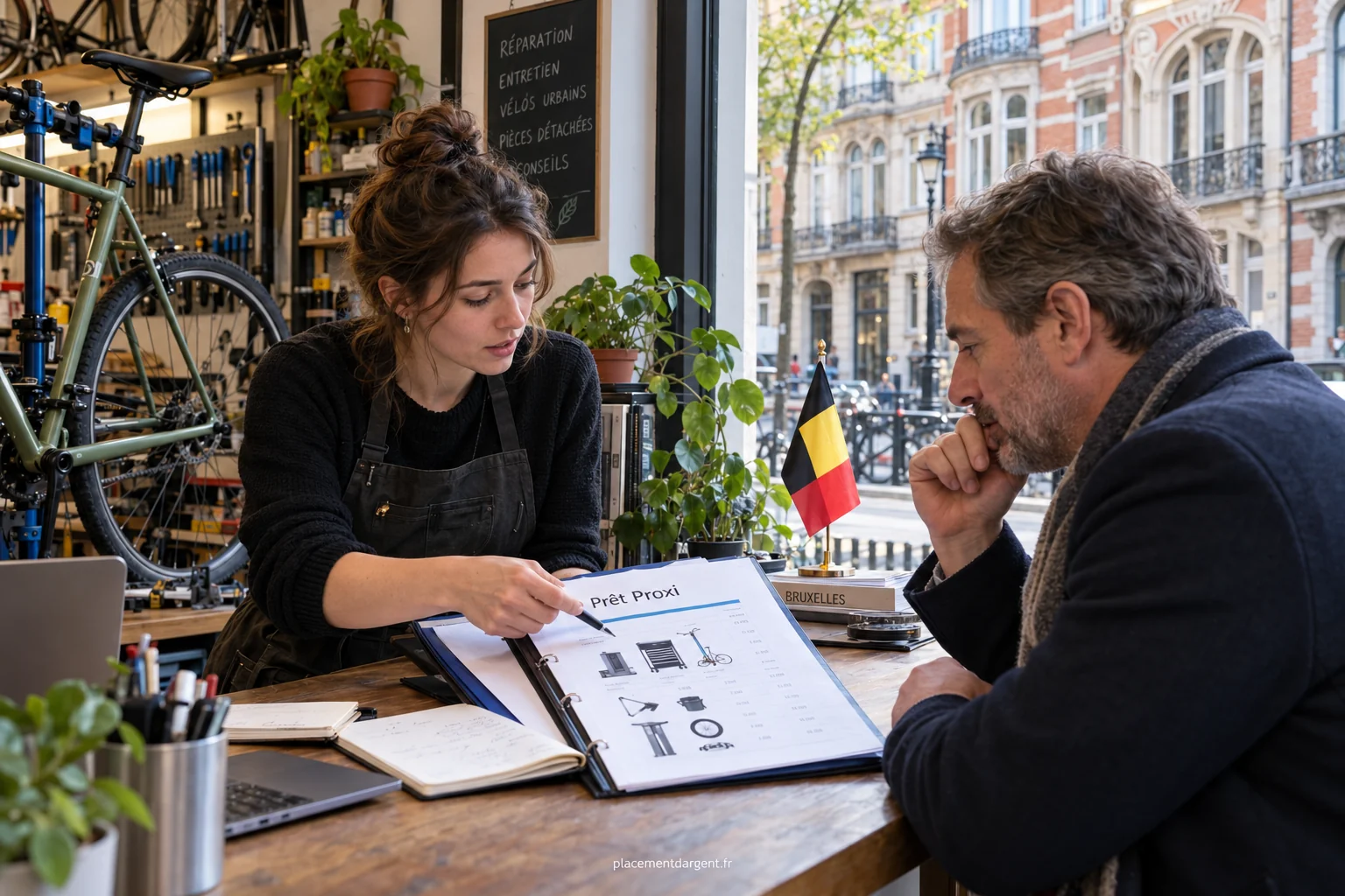 Entrepreneur bruxellois et prêteur particulier signant ensemble un contrat de prêt devant des documents financiers