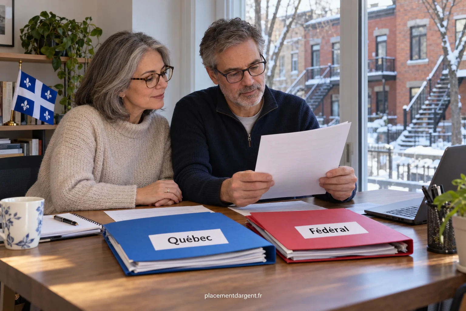 Épargnant québécois examinant des feuillets fiscaux et un relevé de placements devant un ordinateur portable