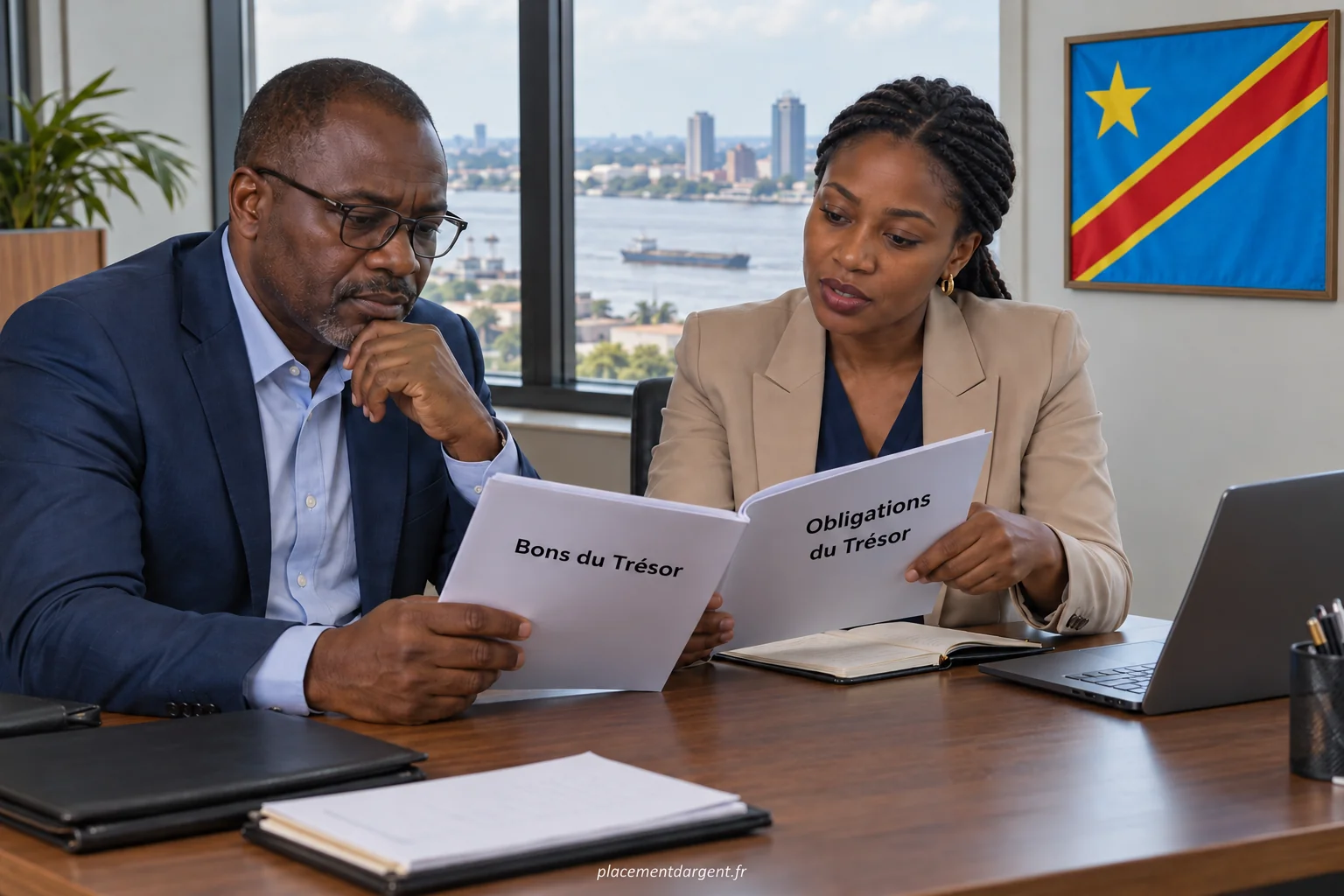 Conseiller bancaire présentant des documents de placement à un client dans une agence de Kinshasa