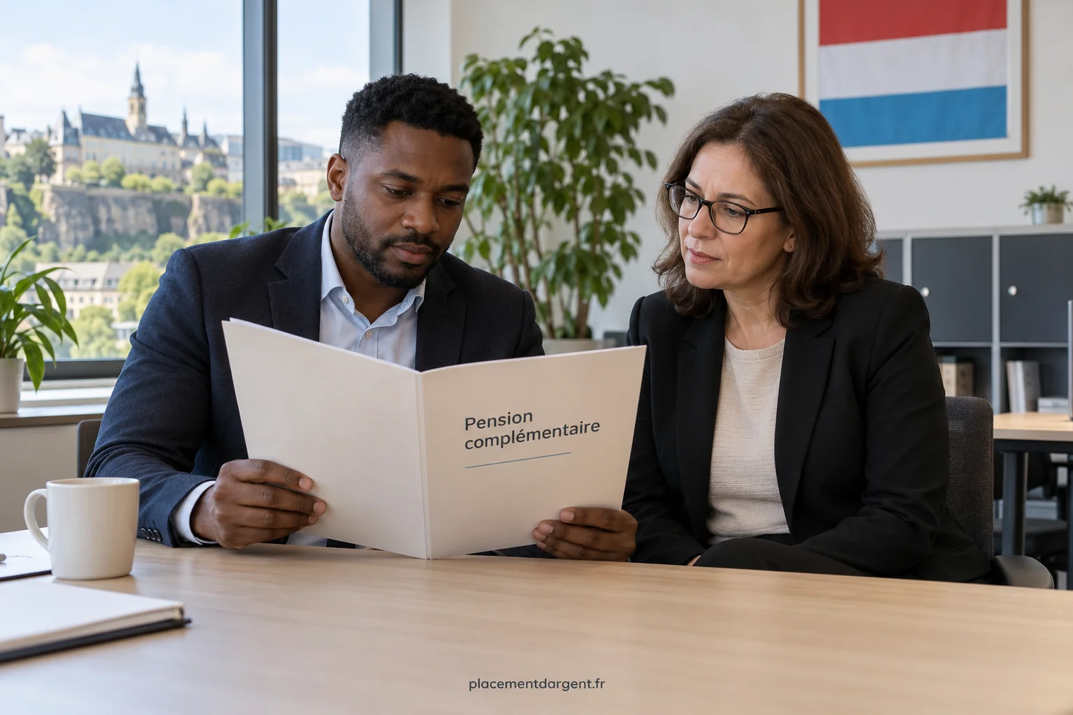 Salarié examinant un relevé de pension complémentaire avec un conseiller des ressources humaines dans un bureau luxembourgeois