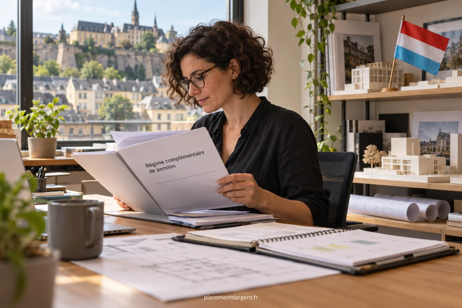 Architecte indépendant étudiant une proposition de contrat de retraite à son bureau, avec plans et calculatrice