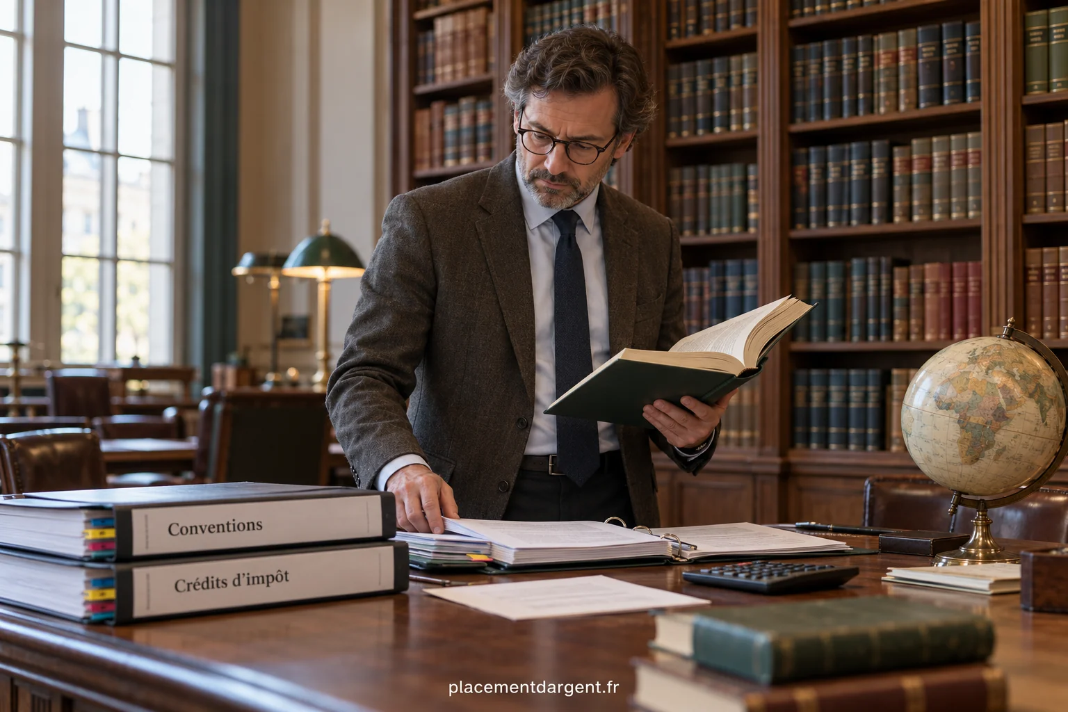 Épargnant comparant un relevé de dividendes étrangers et des documents fiscaux sur un bureau avec calculatrice