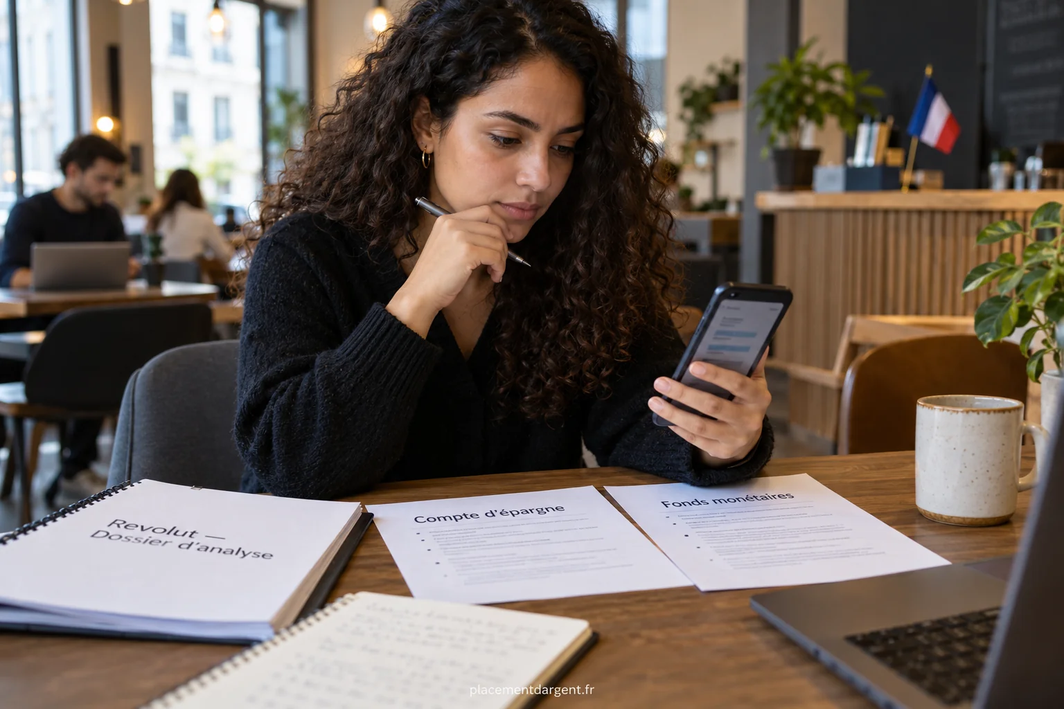 Personne consultant sur son téléphone une application bancaire affichant deux options d’épargne et leurs intérêts quotidiens