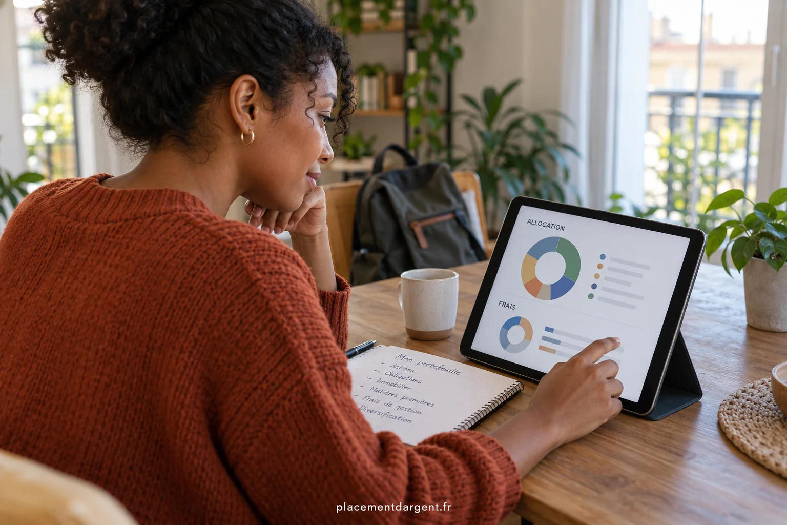 Épargnant consultant sur sa tablette la répartition de son portefeuille en graphiques colorés dans un salon