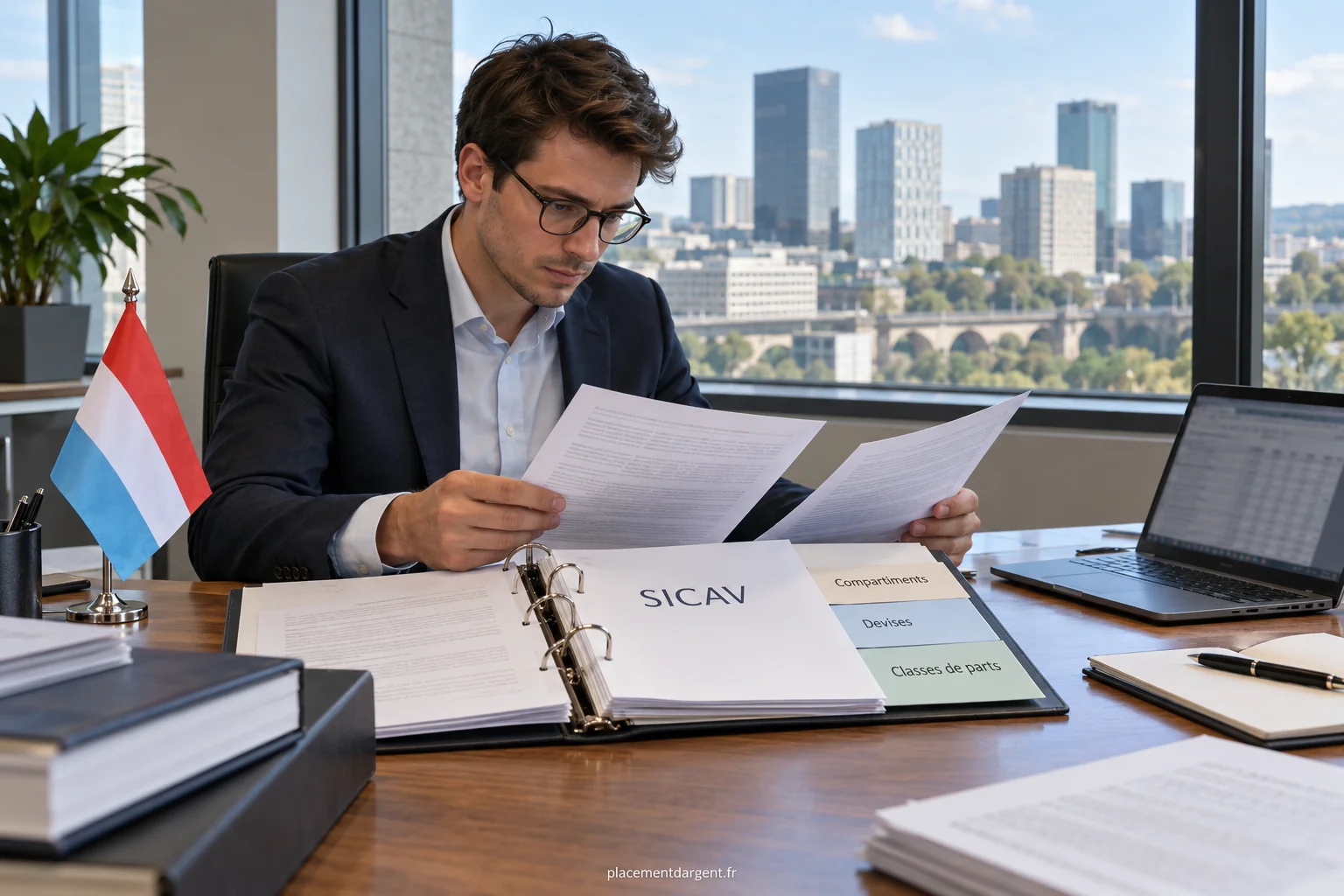 Écran affichant des courbes de valeur liquidative de fonds d’investissement à côté d’un carnet de notes d’épargnant