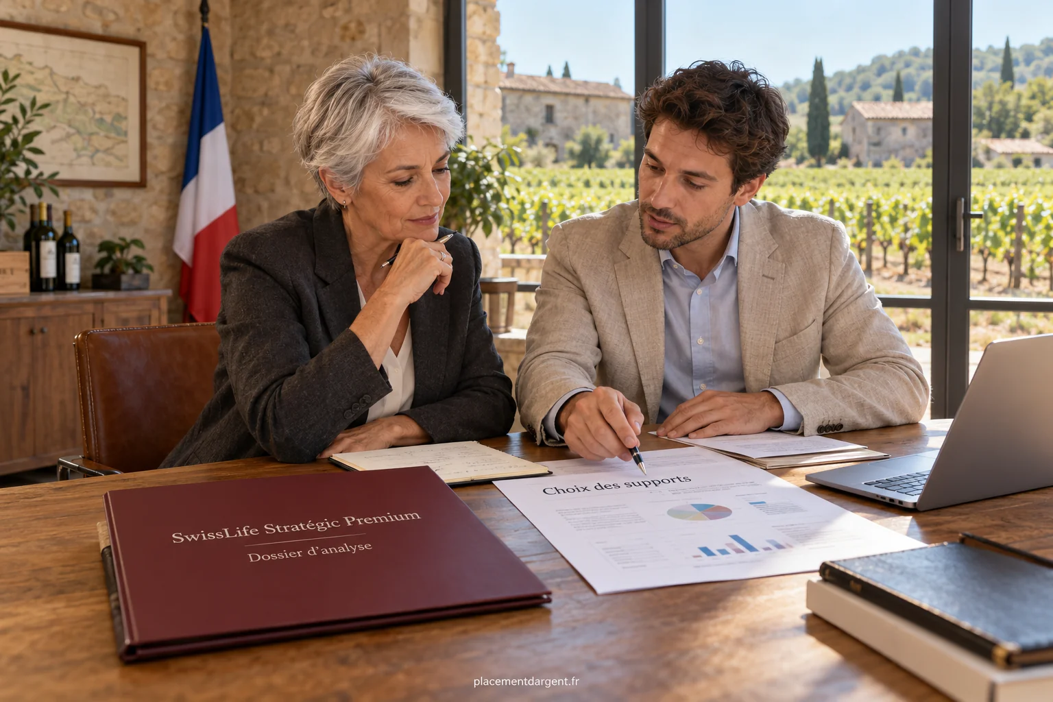 Conseiller en gestion de patrimoine présentant à un couple une répartition d’actifs sur un document de contrat