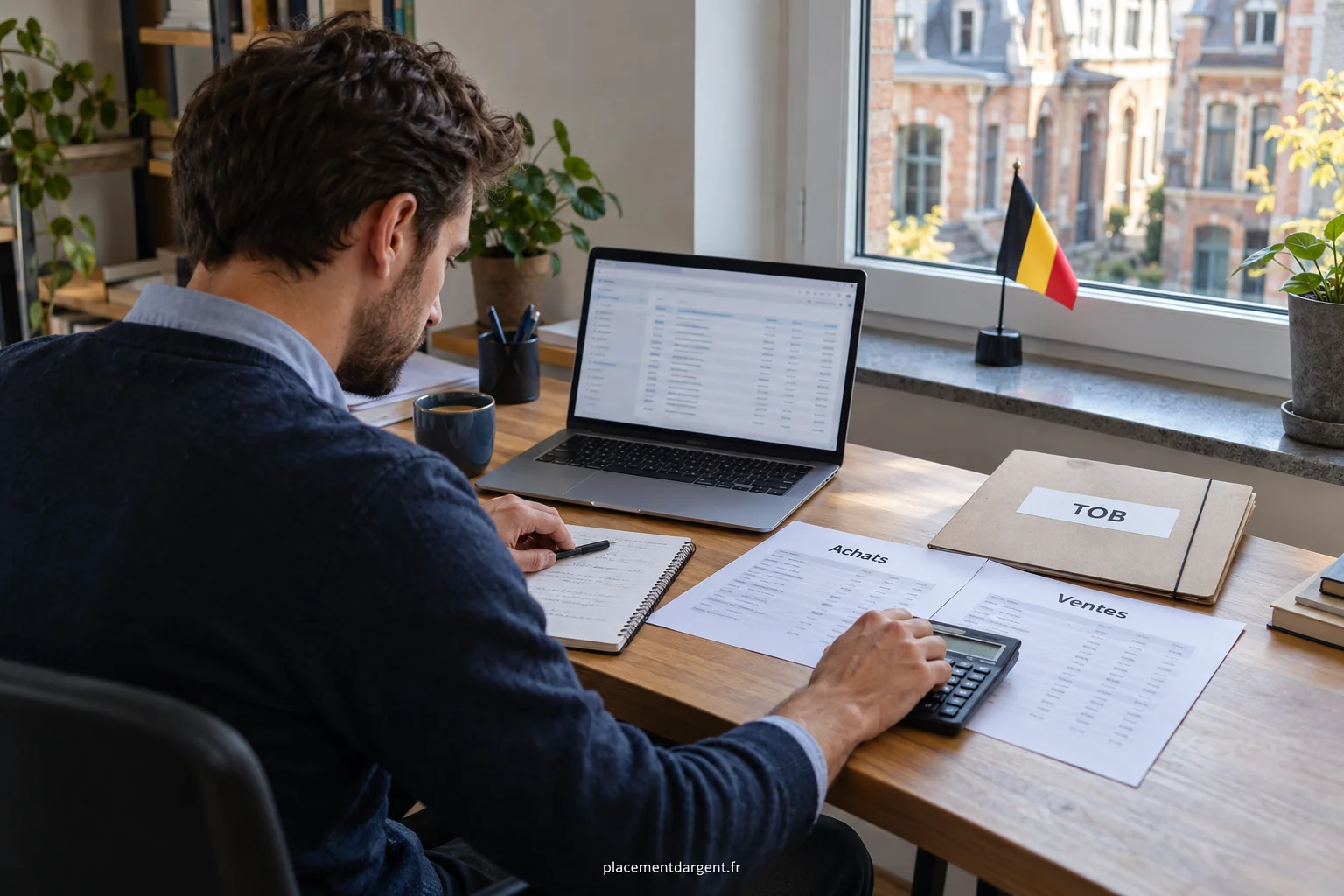 Investisseur consultant un relevé d'opérations boursières sur un ordinateur portable à côté d'une calculatrice