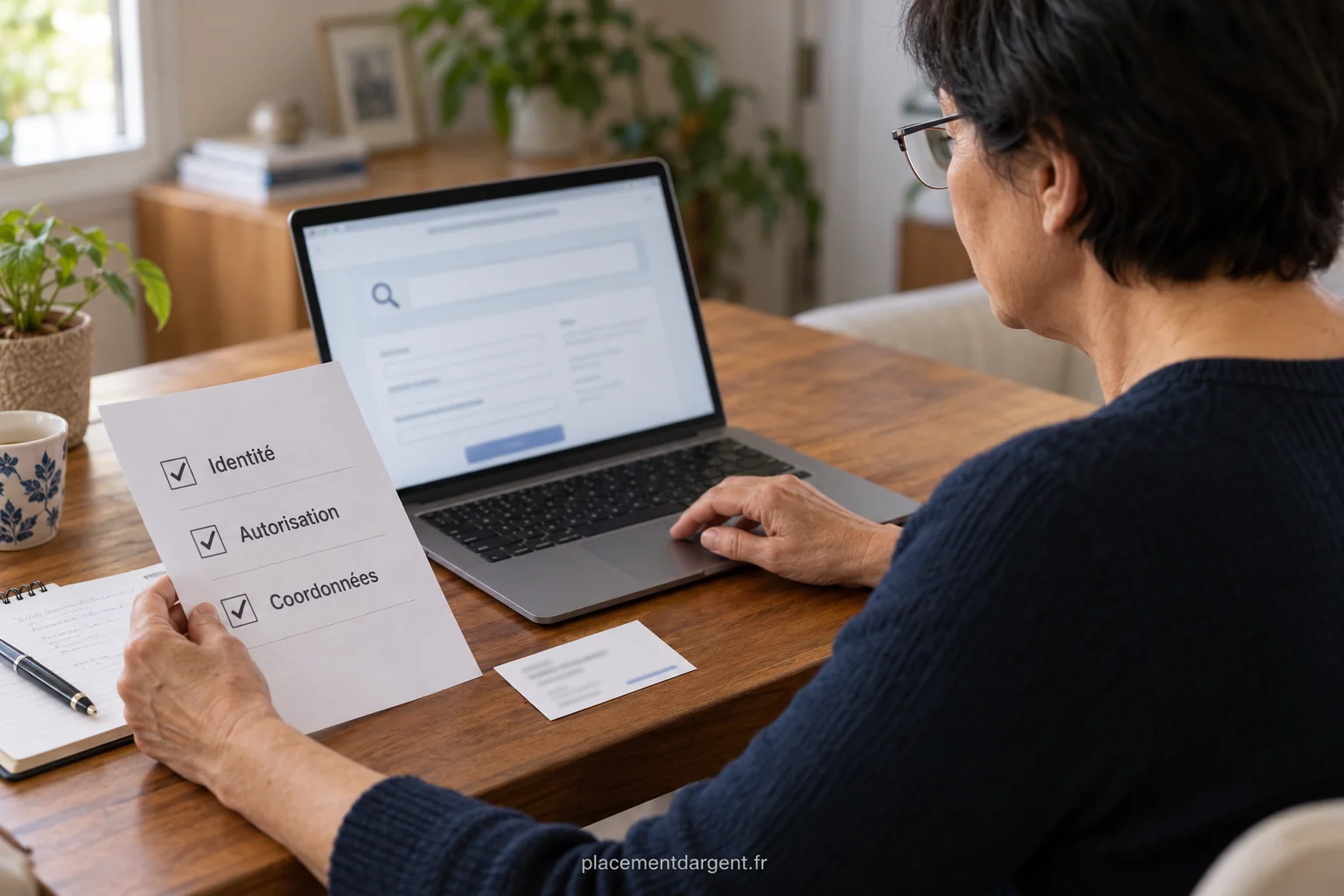 Personne vérifiant sur un ordinateur portable l’inscription d’un conseiller financier dans un registre officiel avant de signer